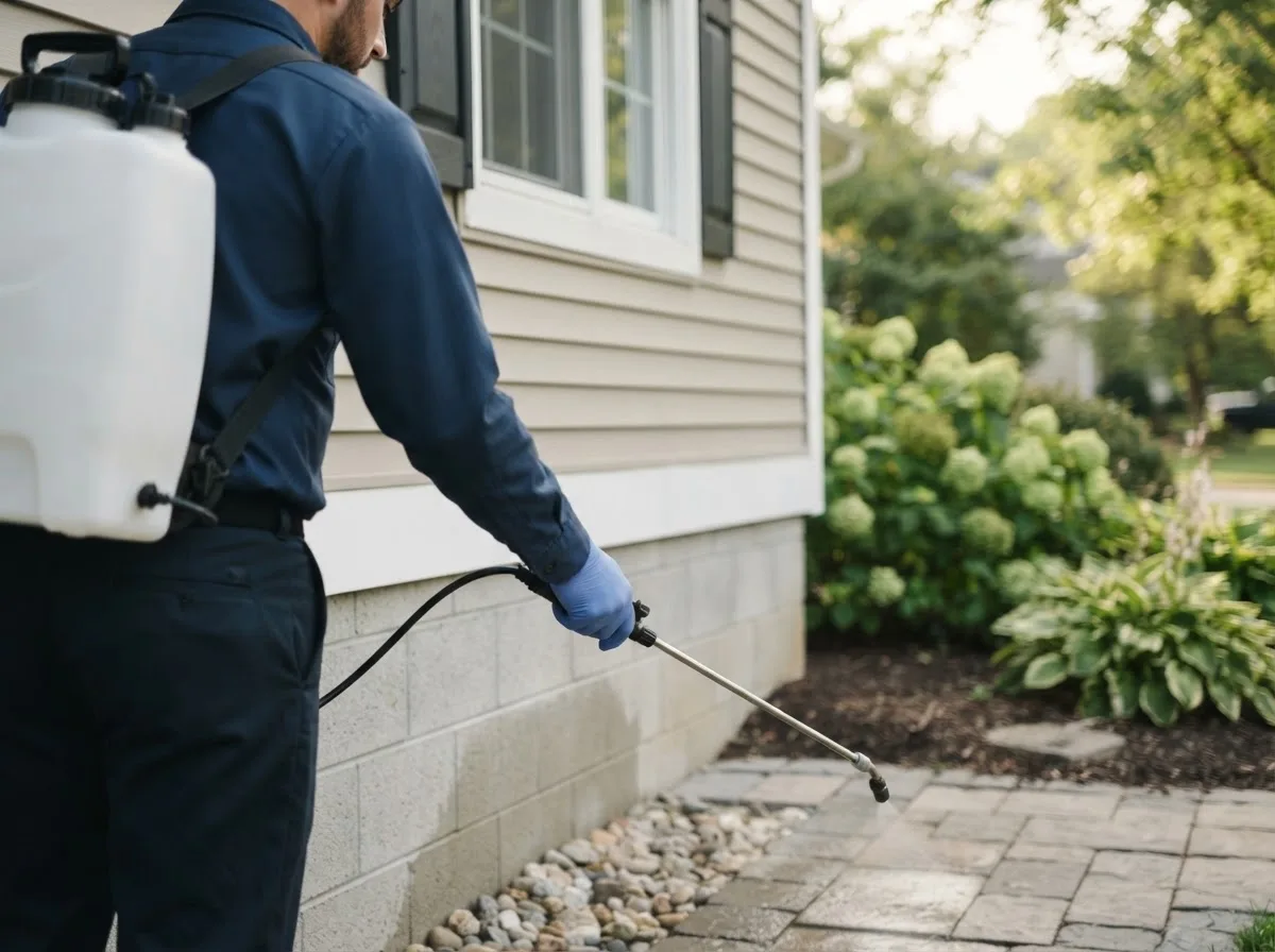 Pest control technician inspecting a home in Queen City, MO